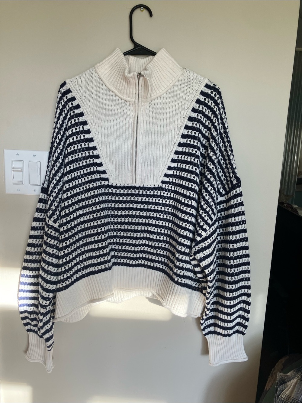 XXL aerie Striped Half-Zip Turtleneck Sweater in White & Navy cozy sl. cropped